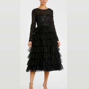 Black Long Sleeve Ruffle Tiered Midi Dress